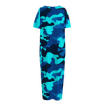Blue And Black Camouflage Print Short Sleeve Long Nightdress