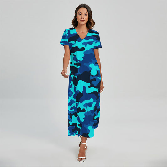 Blue And Black Camouflage Print Short Sleeve Maxi Dress