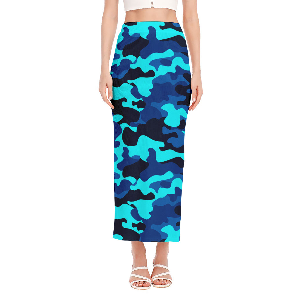 Blue And Black Camouflage Print Side Slit Maxi Skirt