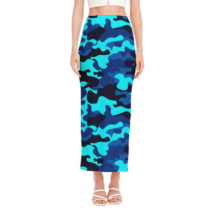Blue And Black Camouflage Print Side Slit Maxi Skirt