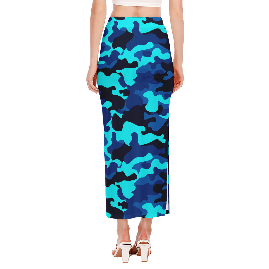 Blue And Black Camouflage Print Side Slit Maxi Skirt
