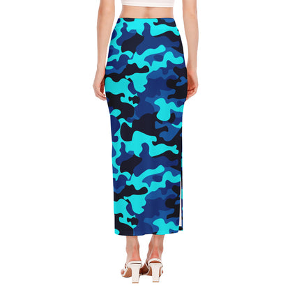 Blue And Black Camouflage Print Side Slit Maxi Skirt