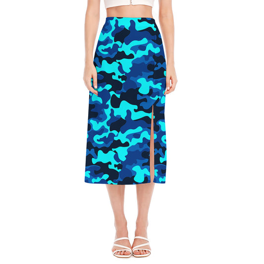 Blue And Black Camouflage Print Side Slit Midi Skirt