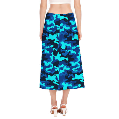Blue And Black Camouflage Print Side Slit Midi Skirt