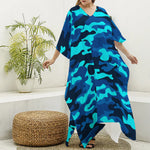 Blue And Black Camouflage Print Silk V-Neck Kaftan Dress