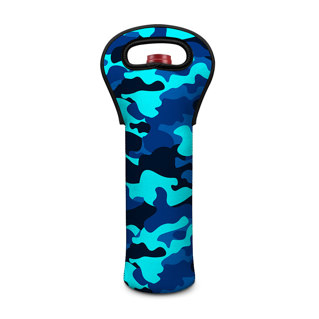 Blue And Black Camouflage Print Single Neoprene Wine Tote