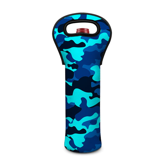 Blue And Black Camouflage Print Single Neoprene Wine Tote