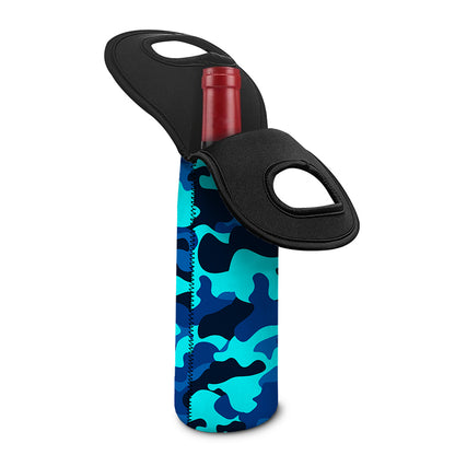 Blue And Black Camouflage Print Single Neoprene Wine Tote