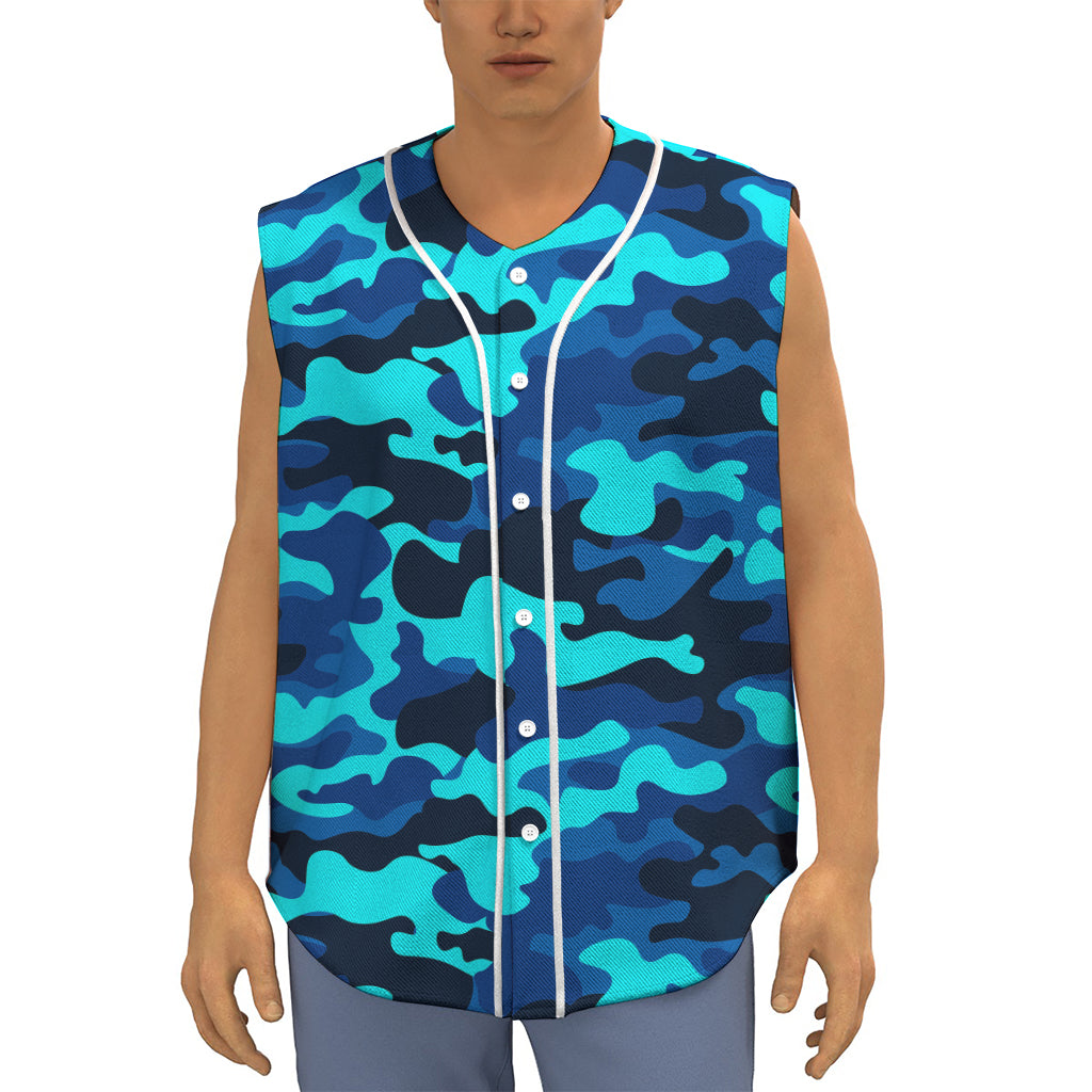 Blue And Black Camouflage Print Sleeveless Baseball Jersey