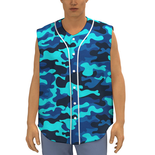 Blue And Black Camouflage Print Sleeveless Baseball Jersey