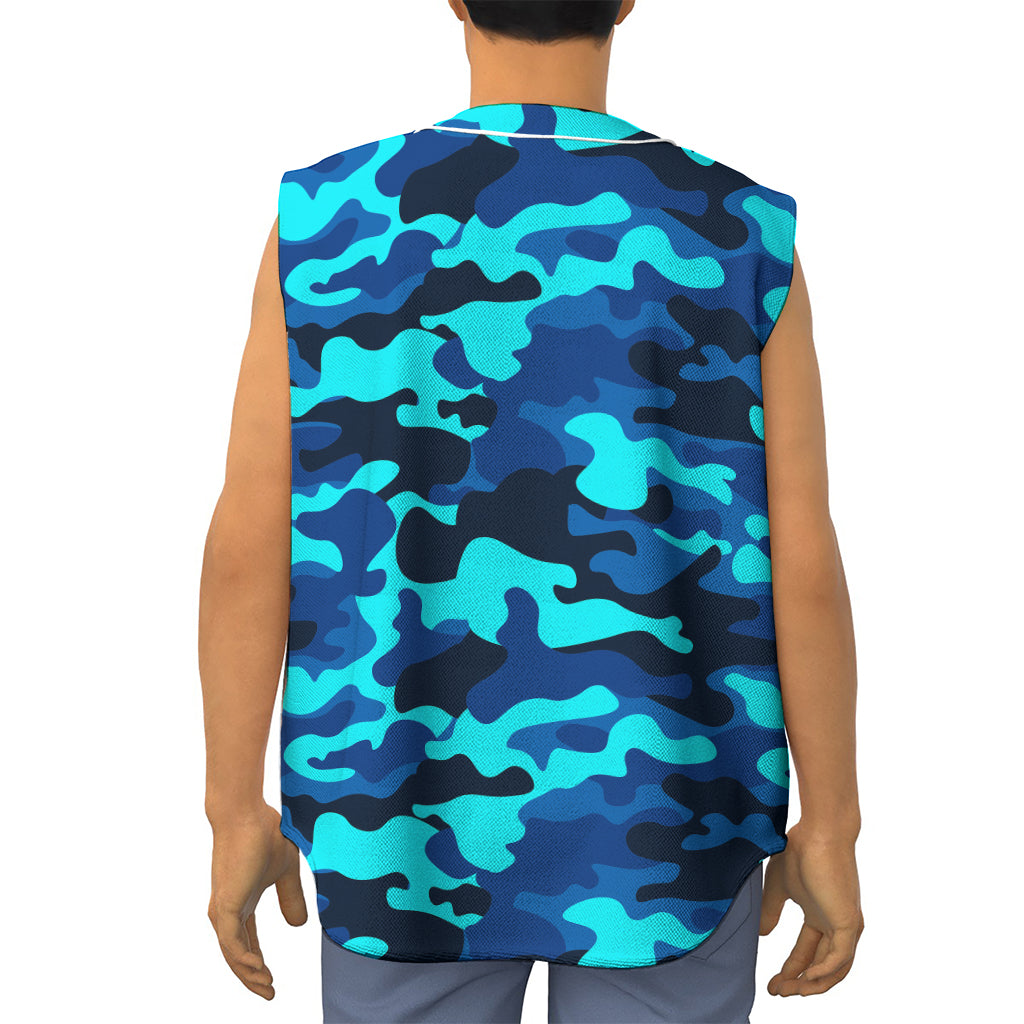 Blue And Black Camouflage Print Sleeveless Baseball Jersey