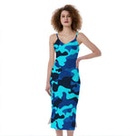 Blue And Black Camouflage Print Slim Fit Midi Cami Dress
