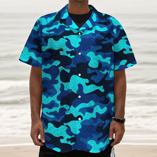 Blue And Black Camouflage Print Textured Short Sleeve Shirt