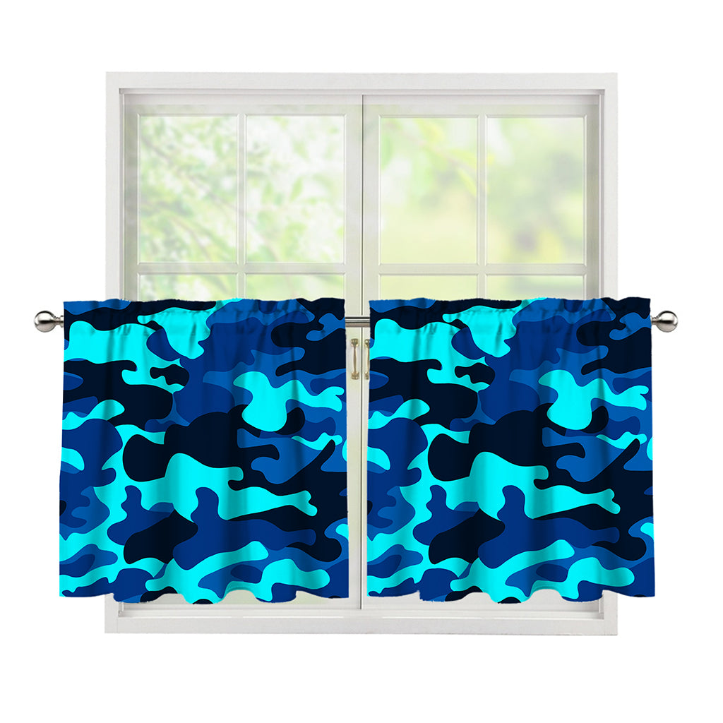 Blue And Black Camouflage Print Tier Curtains