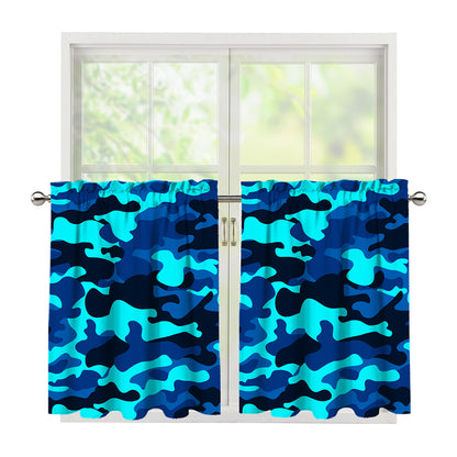 Blue And Black Camouflage Print Tier Curtains