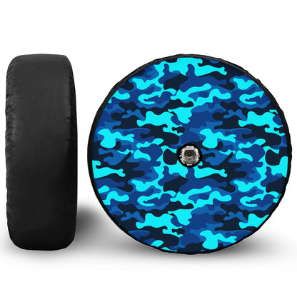 Blue And Black Camouflage Print Tire Cover With Camera Hole