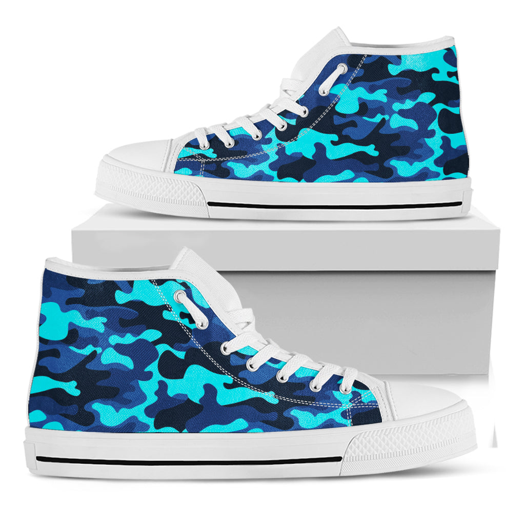 Blue And Black Camouflage Print White High Top Sneakers