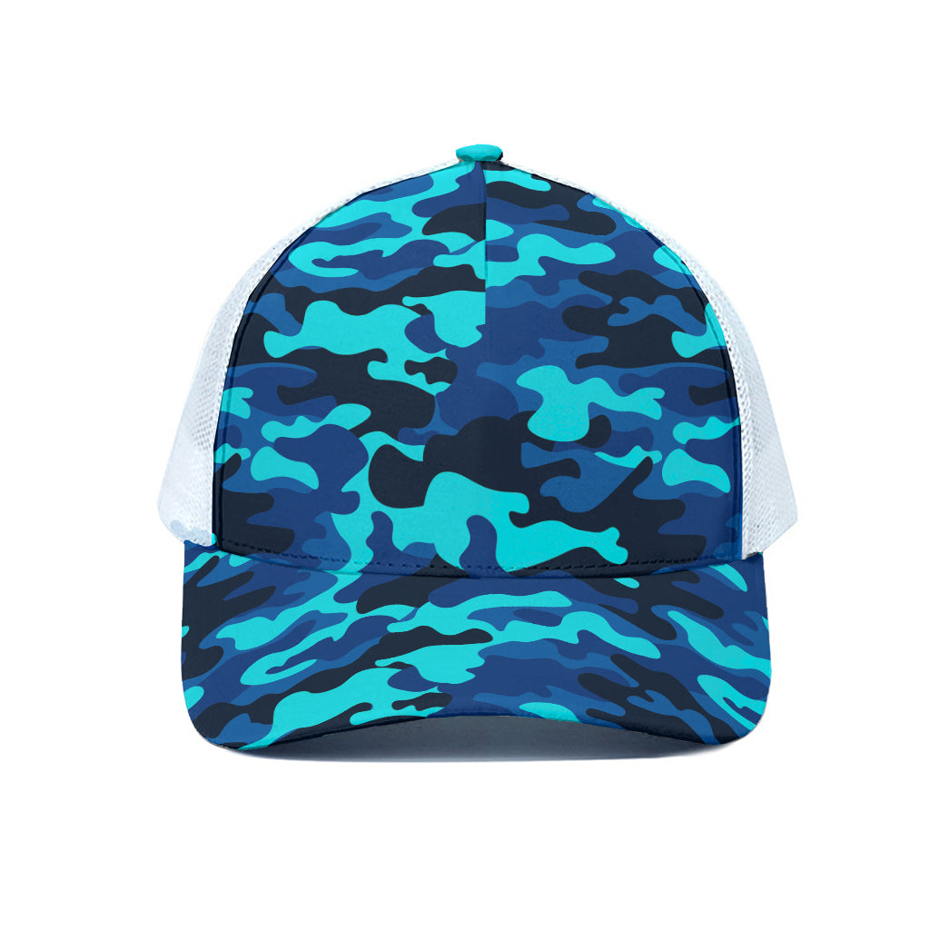 Blue And Black Camouflage Print White Mesh Trucker Cap