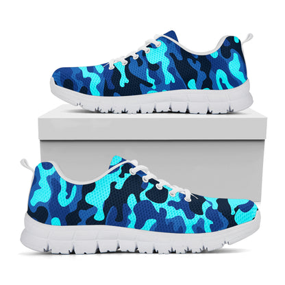 Blue And Black Camouflage Print White Running Shoes