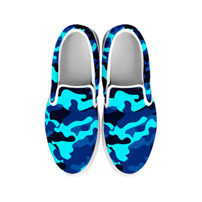 Blue And Black Camouflage Print White Slip On Sneakers
