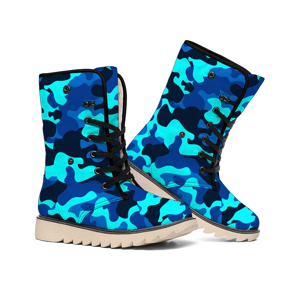 Blue And Black Camouflage Print Winter Boots