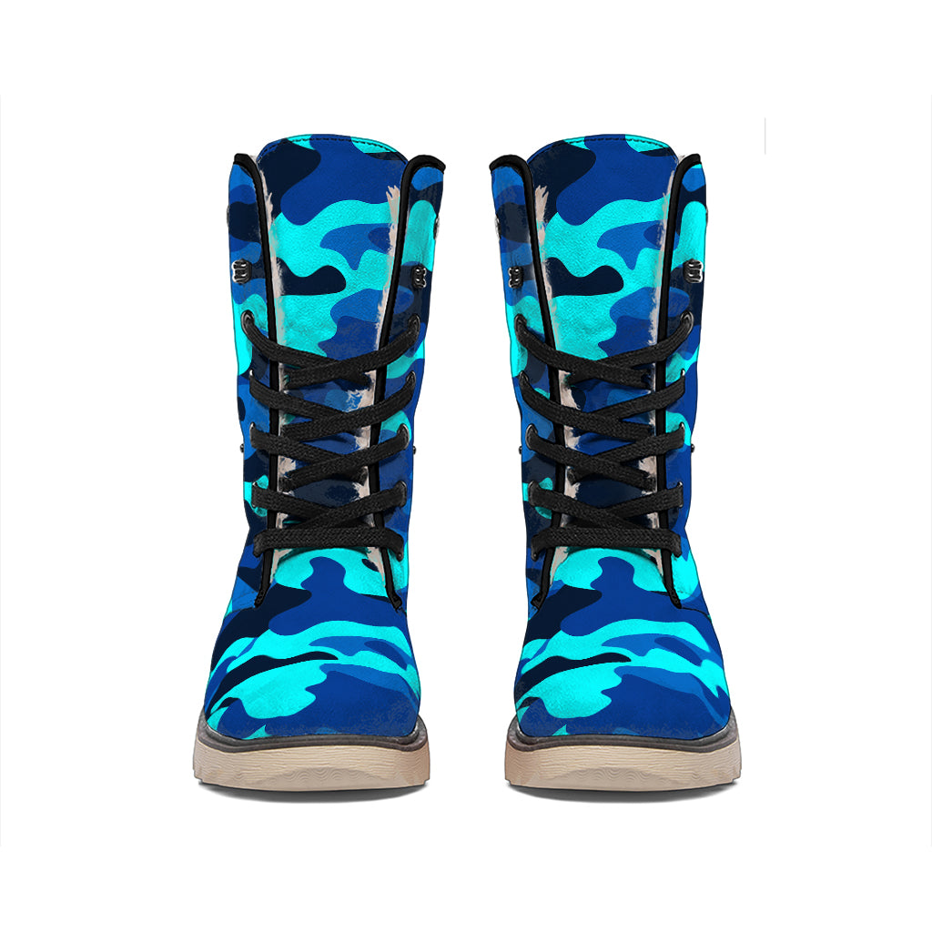 Blue And Black Camouflage Print Winter Boots