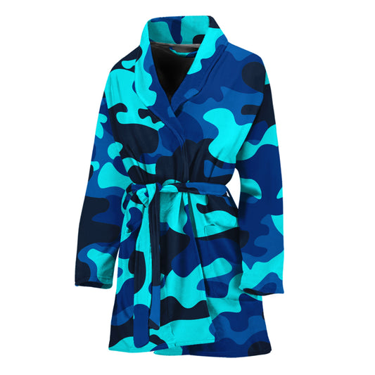 Blue And Black Camouflage Print Women's Bathrobe