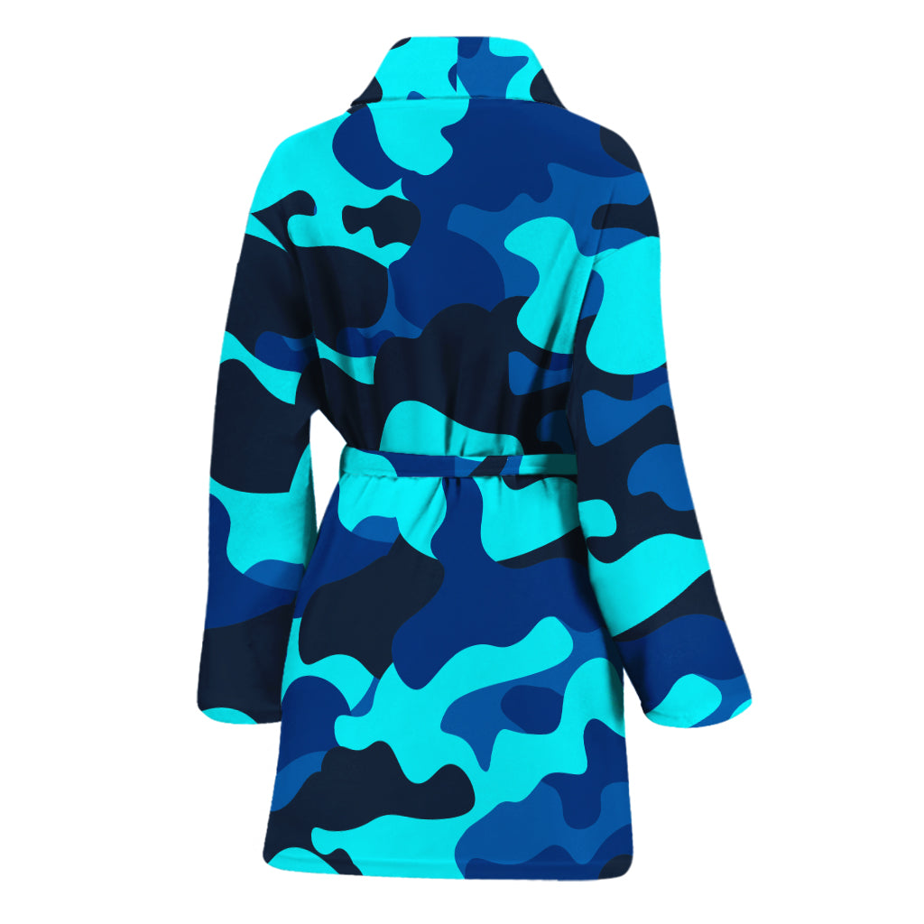 Blue And Black Camouflage Print Women's Bathrobe