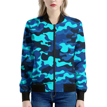Blue And Black Camouflage Print Women's Bomber Jacket