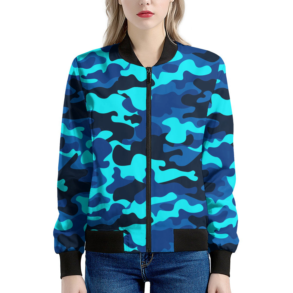 Blue And Black Camouflage Print Women's Bomber Jacket