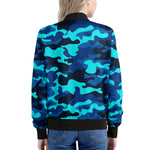 Blue And Black Camouflage Print Women's Bomber Jacket