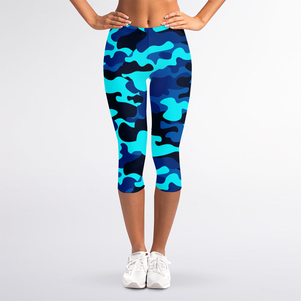 Blue And Black Camouflage Print Women's Capri Leggings