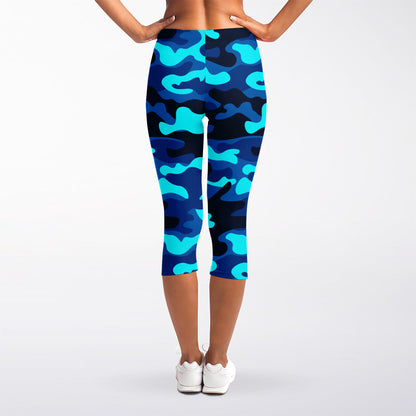 Blue And Black Camouflage Print Women's Capri Leggings