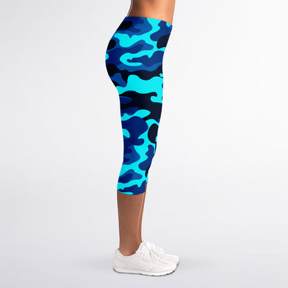 Blue And Black Camouflage Print Women's Capri Leggings