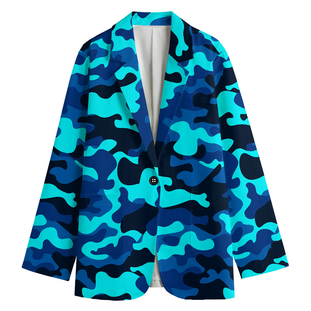 Blue And Black Camouflage Print Women's Cotton Blazer