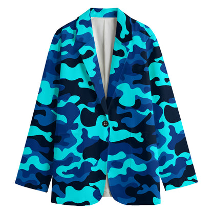 Blue And Black Camouflage Print Women's Cotton Blazer