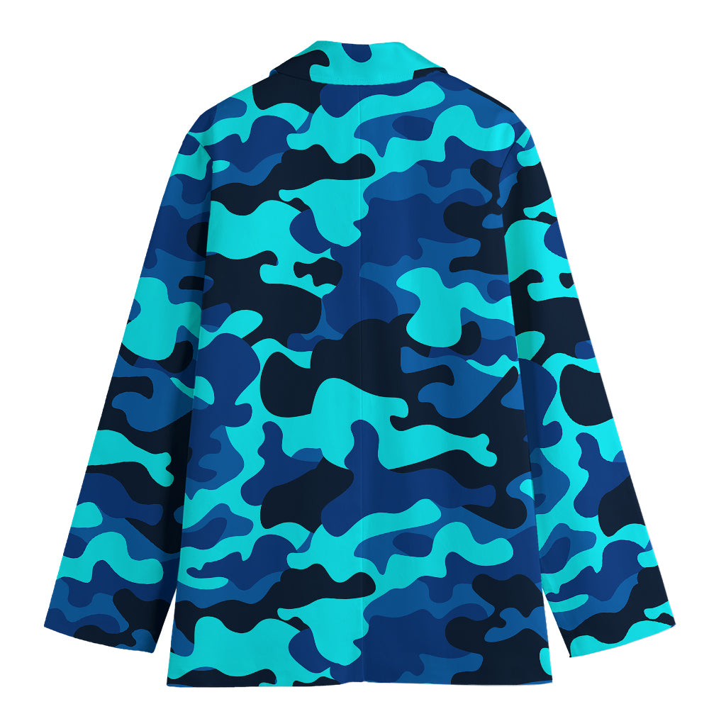 Blue And Black Camouflage Print Women's Cotton Blazer