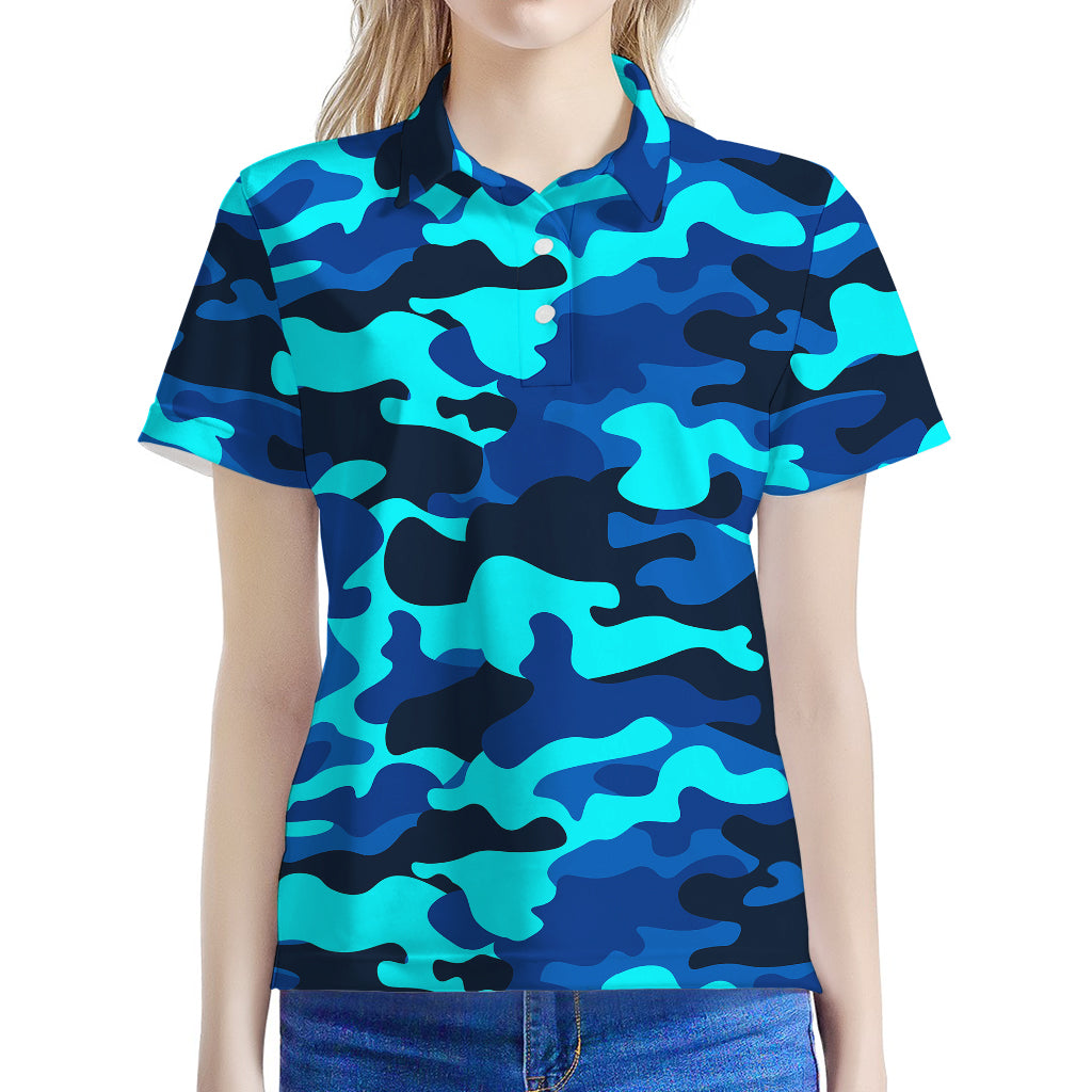 Blue And Black Camouflage Print Women's Polo Shirt