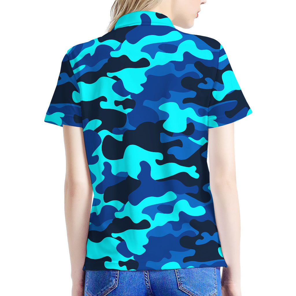Blue And Black Camouflage Print Women's Polo Shirt
