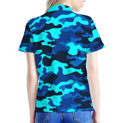 Blue And Black Camouflage Print Women's Polo Shirt