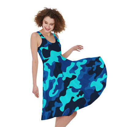 Blue And Black Camouflage Print Women's Sleeveless Dress