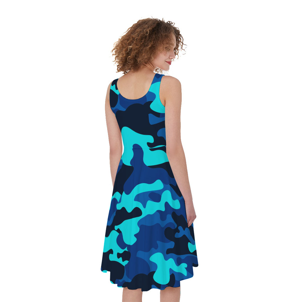 Blue And Black Camouflage Print Women's Sleeveless Dress