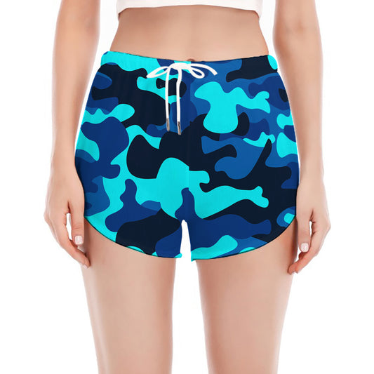 Blue And Black Camouflage Print Women's Split Running Shorts
