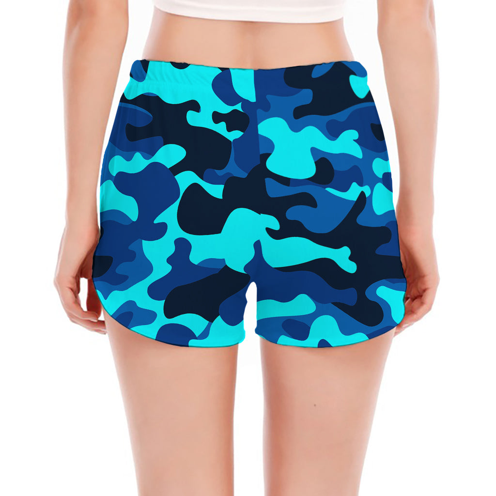 Blue And Black Camouflage Print Women's Split Running Shorts