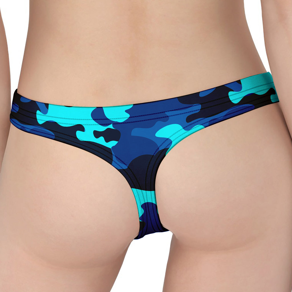 Blue And Black Camouflage Print Women's Thong
