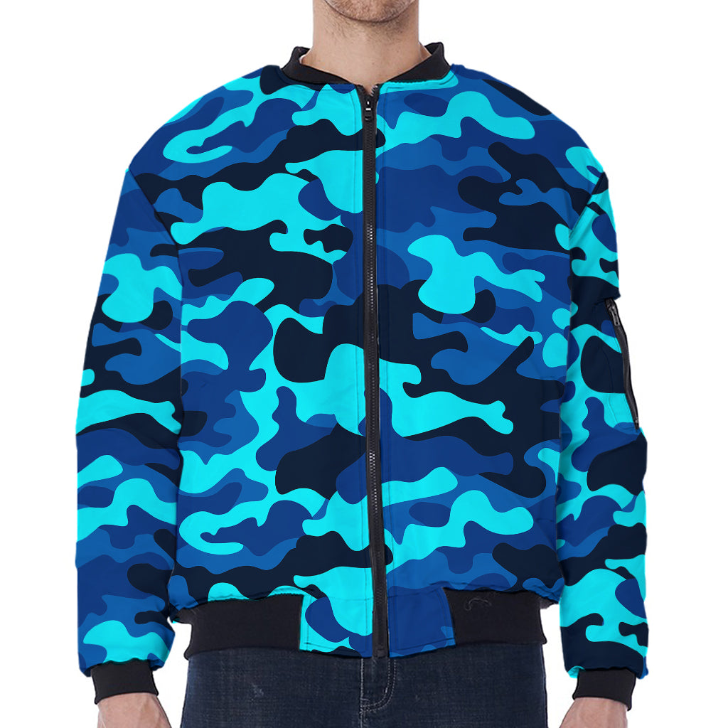 Blue And Black Camouflage Print Zip Sleeve Bomber Jacket