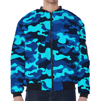 Blue And Black Camouflage Print Zip Sleeve Bomber Jacket