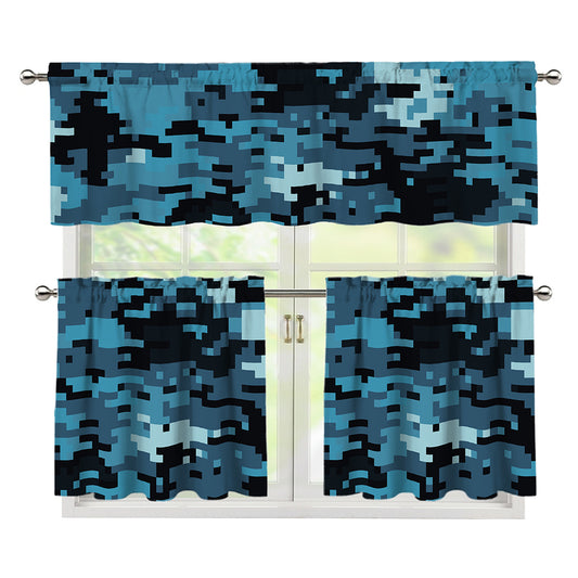 Blue And Black Digital Camo Print 3 Piece Kitchen Curtains