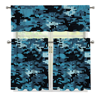 Blue And Black Digital Camo Print 3 Piece Kitchen Curtains