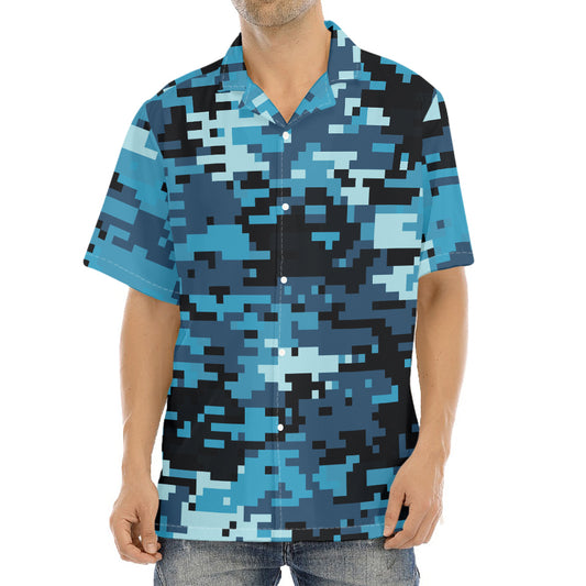 Blue And Black Digital Camo Print Aloha Shirt